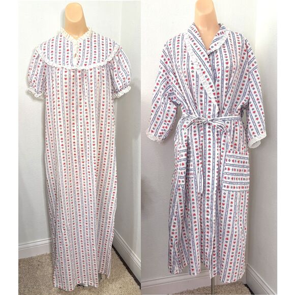 Vtg Womens Nightgown Robe Size L 70s Calico Prairie Cottage Accentuette Lanz - Picture 1 of 10